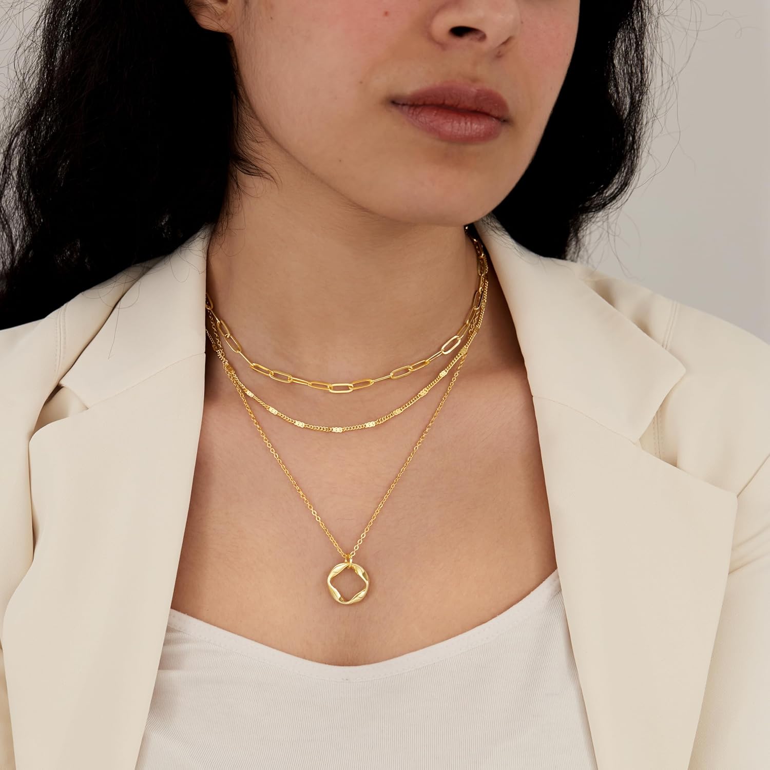 Poxtex Layered Gold Necklaces for Women, Stackable Dainty 14K Gold Silver Plated Trendy Simple Heart Diamond Cross Bow Circle Pendant Paperclip Choker Dot Chain Necklace,Jewelry Set Gifts for Women