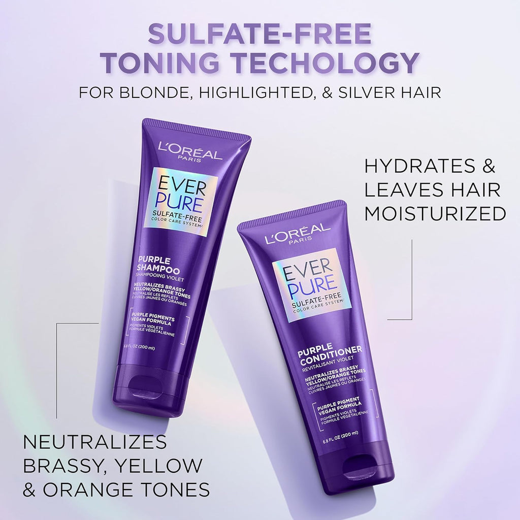 L’Oreal Paris Sulfate Free Brass Toning Purple Shampoo for Blonde, Bleached, Silver, or Brown Highlighted Hair, EverPure, 6.8 Fl Oz (Packaging May Vary)