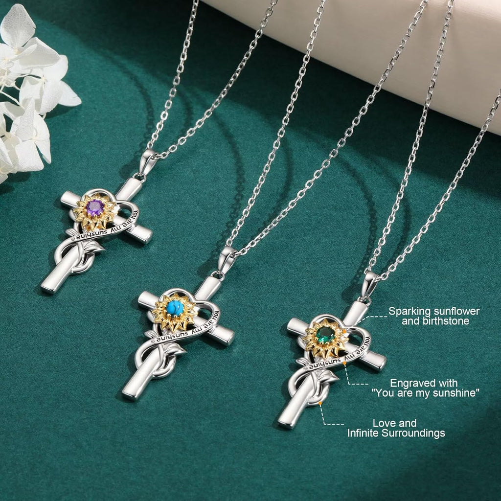 Iefil Mothers Day Gifts for Wife Mom - Sunflower Cross Necklace, 925 Sterling Silver Birthstone Necklace for Women Wife Mom