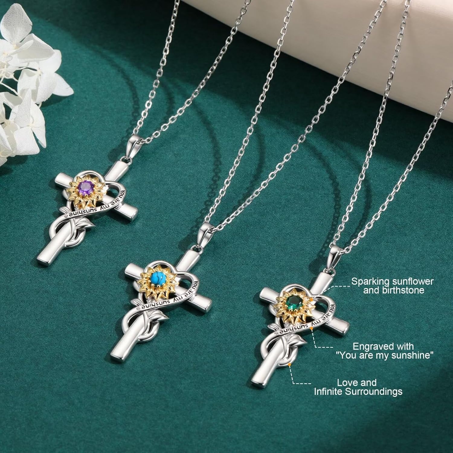 Iefil Mothers Day Gifts for Wife Mom - Sunflower Cross Necklace, 925 Sterling Silver Birthstone Necklace for Women Wife Mom