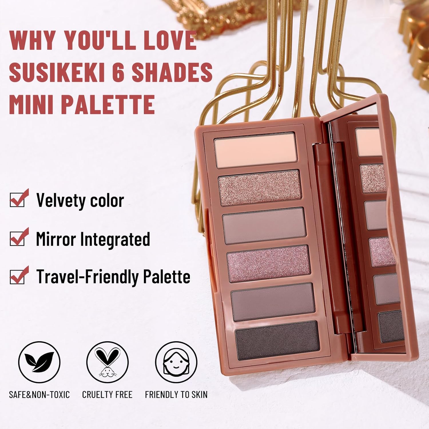 SUSIKEKI Neutral Nude Matte & Shimmer Eyeshadow Palette - 6 Colors Mini Travel Size, Highly Pigmented Rosy Eye shadow, Long Lasting Vegan Makeup Palette for Daily Use 02