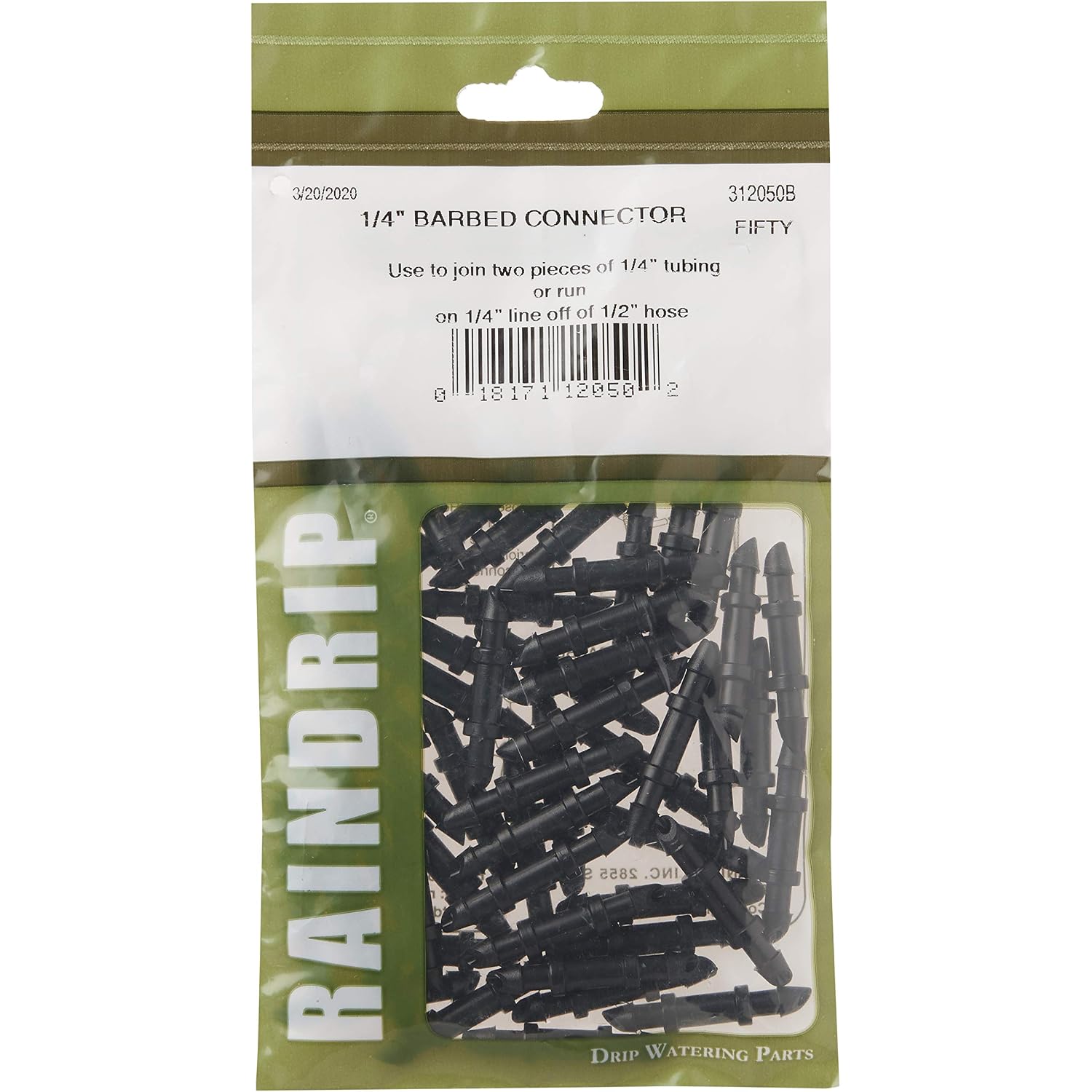 Raindrip 312050B Drip Irrigation Fittings Single Barbed Coupling Connectors, 1/4-Inch, 50 Per Bag, For Trees, Shrubs, Gardens, Black