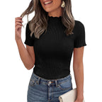 Prettygarden Short Sleeve T Shirts For Women Summer Clothes 2026 Casual Spring Tops Ruffle Mock Neck Ribbed Fitted Basic Tees