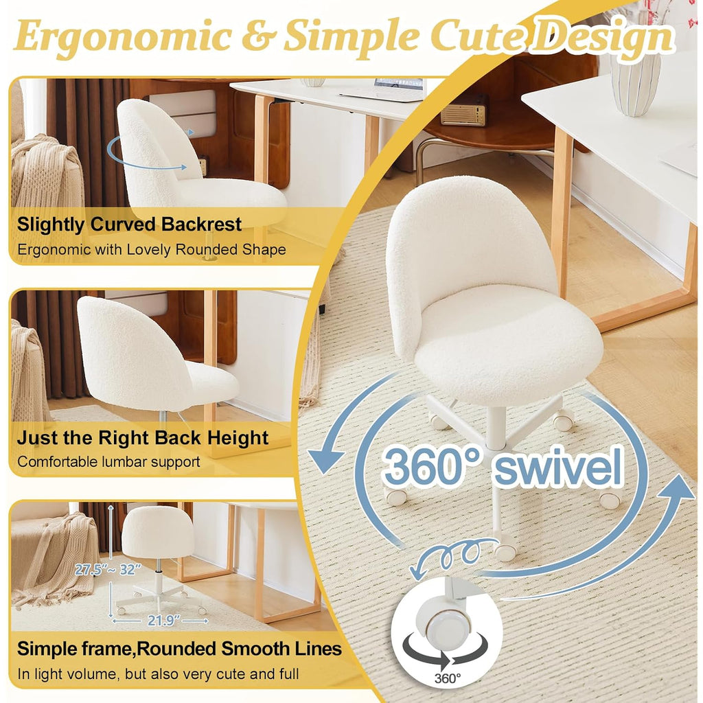 Vingli Modern Vanity Chair With Back, Velvet Desk Chair For Girls, Small Office Chair With Silent Wheels， Stylish And Comfortable, White