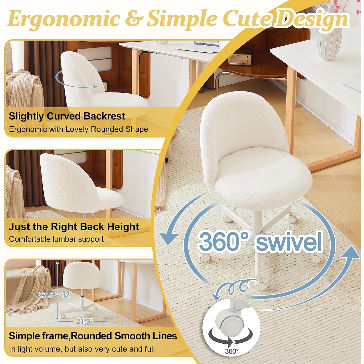 Vingli Modern Vanity Chair With Back, Velvet Desk Chair For Girls, Small Office Chair With Silent Wheels， Stylish And Comfortable, White