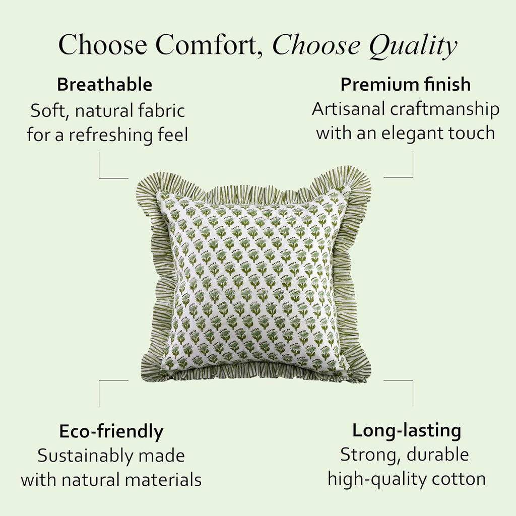 Cpc Block Print Ruffle Throw Cover Emerald Green 18"X18" Inch Pack Of 2-100% Cotton Ruffle Couch Decorative Boho Pillows Case For Living Room, Bedroom, Sofa, Farmhouse Gift For Spring, Mother'S Day