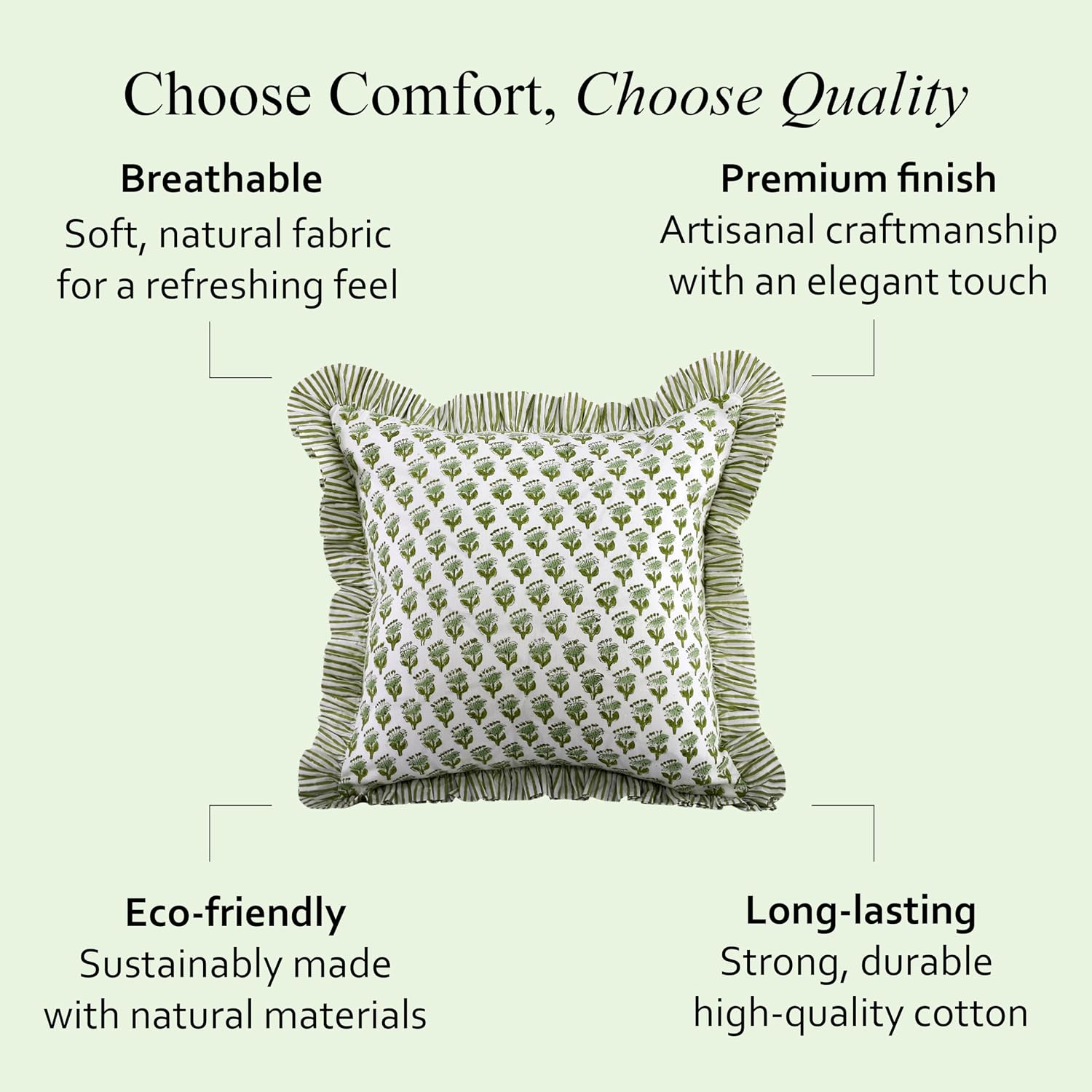 Cpc Block Print Ruffle Throw Cover Emerald Green 18"X18" Inch Pack Of 2-100% Cotton Ruffle Couch Decorative Boho Pillows Case For Living Room, Bedroom, Sofa, Farmhouse Gift For Spring, Mother'S Day