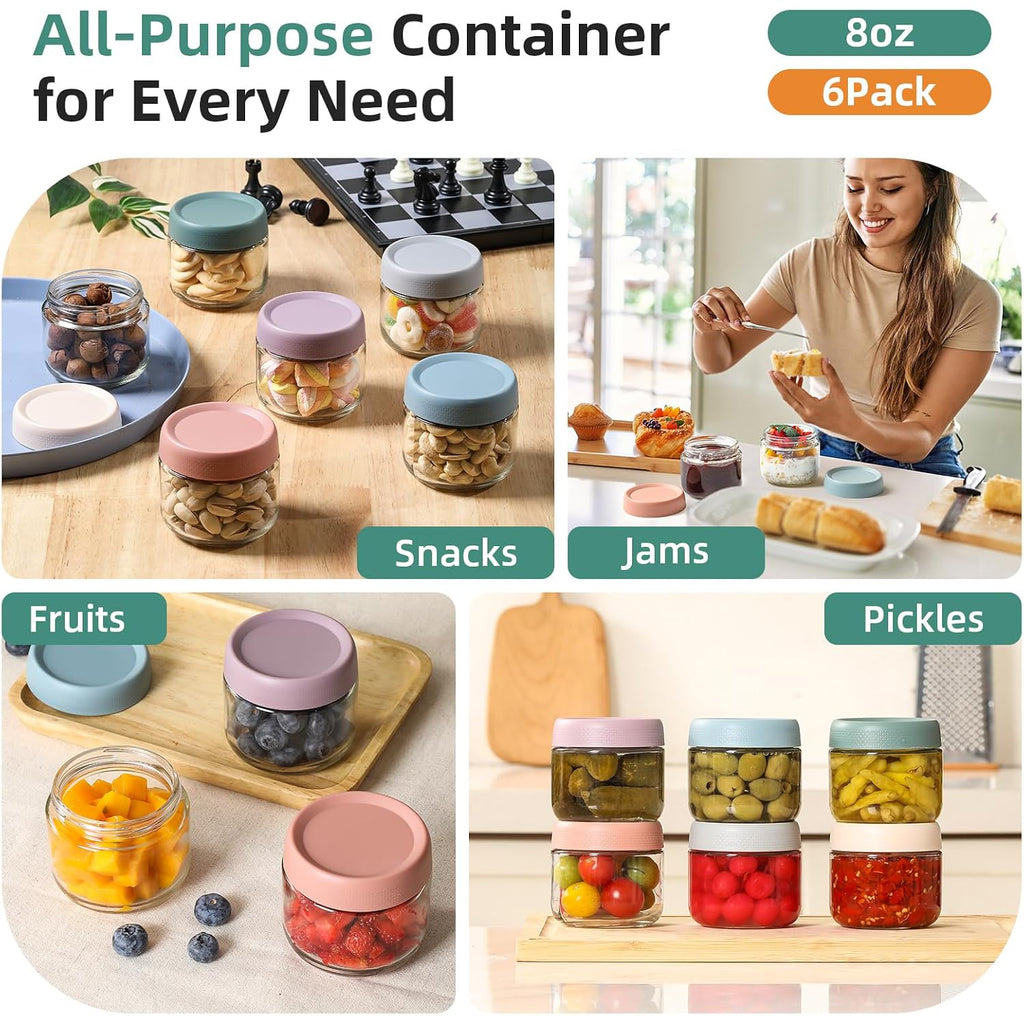 Netany 6-Pack 8Oz Glass Jars With Airtight Lids, Overnight Oats Containers With Lids, Wide Mouth Mason Salad Jars, Glass Food Storage Containers For Snacks Yogurt Spice Sugar