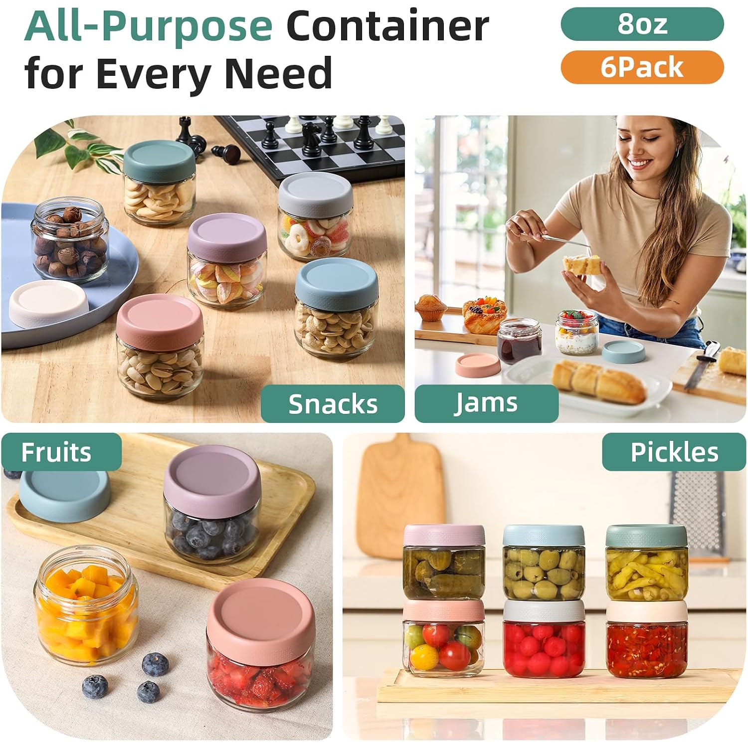 Netany 6-Pack 8Oz Glass Jars With Airtight Lids, Overnight Oats Containers With Lids, Wide Mouth Mason Salad Jars, Glass Food Storage Containers For Snacks Yogurt Spice Sugar