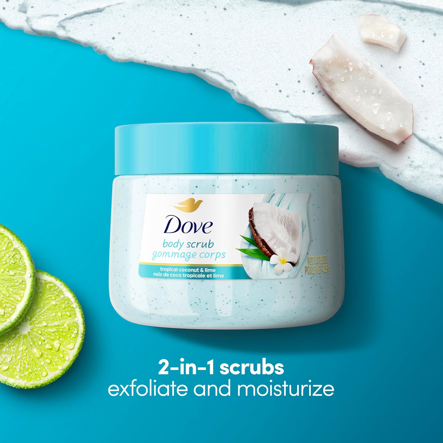 Dove Moisturizing Body Scrub – Coconut & Lime, Ph‑Balanced Whipped Texture, Skin‑Renewing Exfoliator, 15 Oz
