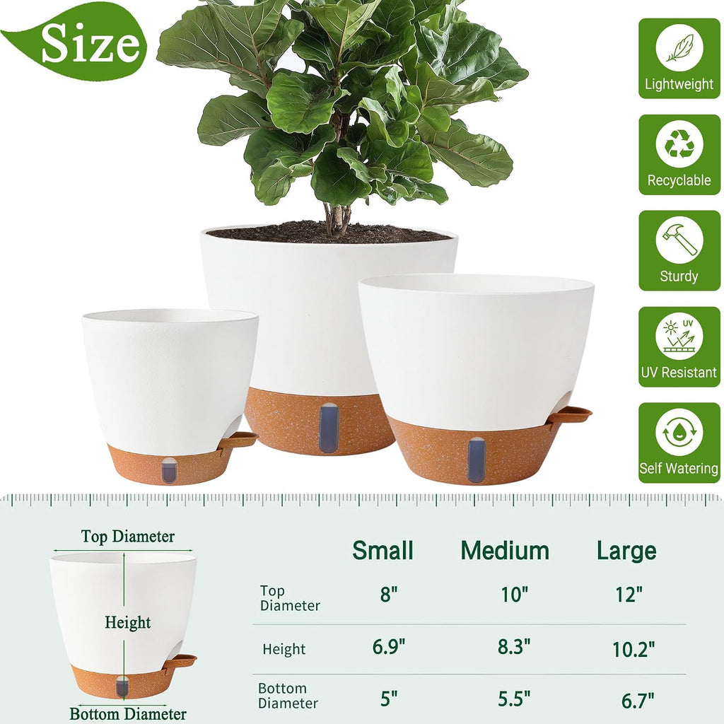 8/10/12 Inch Self Watering Pots For Indoor/Outdoor Plants | Large Plastic Planter With Drainage Holes, Water Level Indicator & Deep Reservoir, Modern Decorative Flower Pots, White