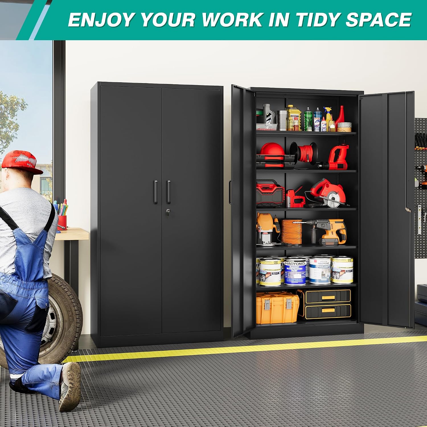 Wide & Deep Metal Storage Cabinet With 2 Doors And 5 Adjustable Shelves,72X36X18 Garage Storage Cabinet,Tall Black Locking Metal Cabinets With Lock,Steel Locked Cabinets For Home,Office,Garage