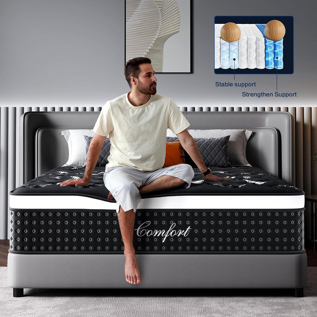 Queen Mattress 12 Inch, Cooling Hybrid Bed In A Box, 7-Zones Individual Pocket Spring, Mattress Queen For Back Pain Relief & Motion Isolation, Fiberglass-Free, Certipur-Us, 365-Night Trial