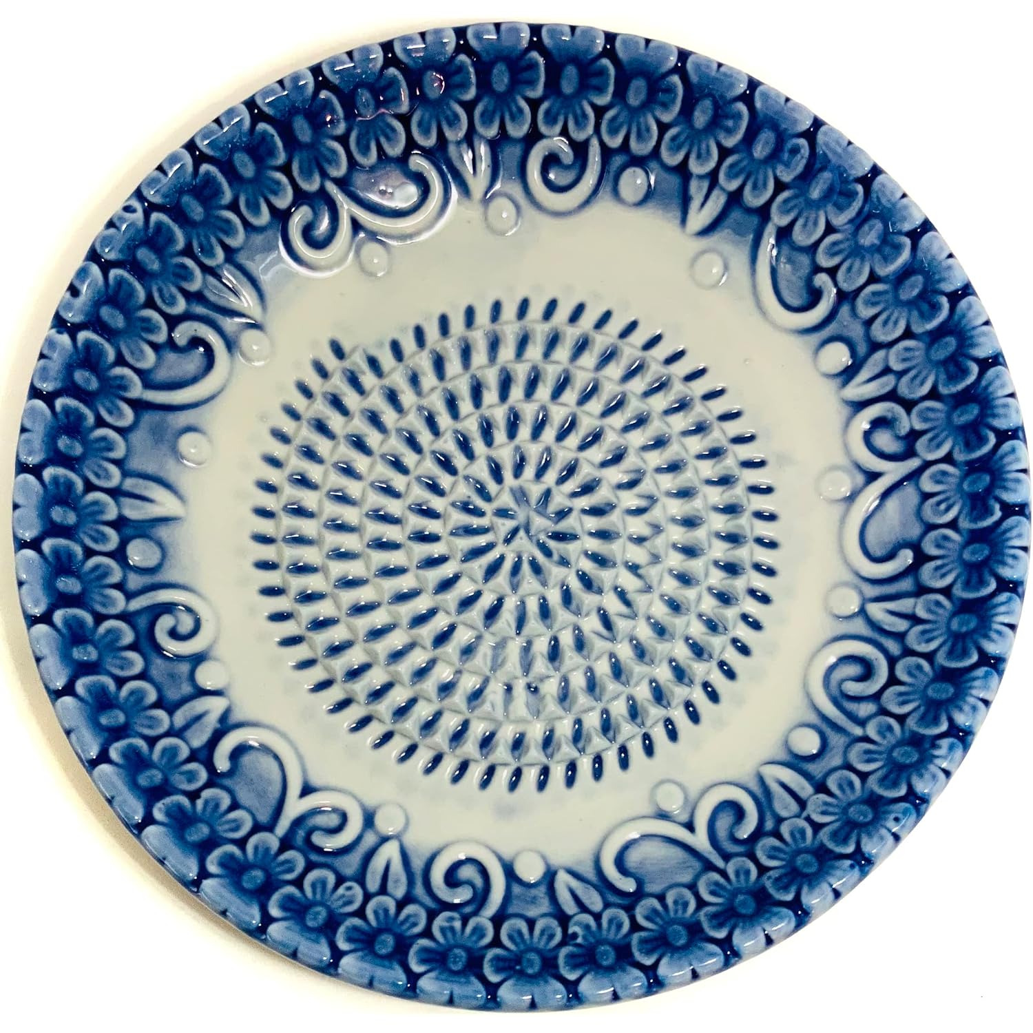 All-In-One Premium Ceramic Garlic Grater Plate 4-Piece Set - Blue Embossed Design And Style - For Garlic, Ginger, Chocolate, And More! - Comes With 5.25" Plate, Peeler, Brush, And Stand