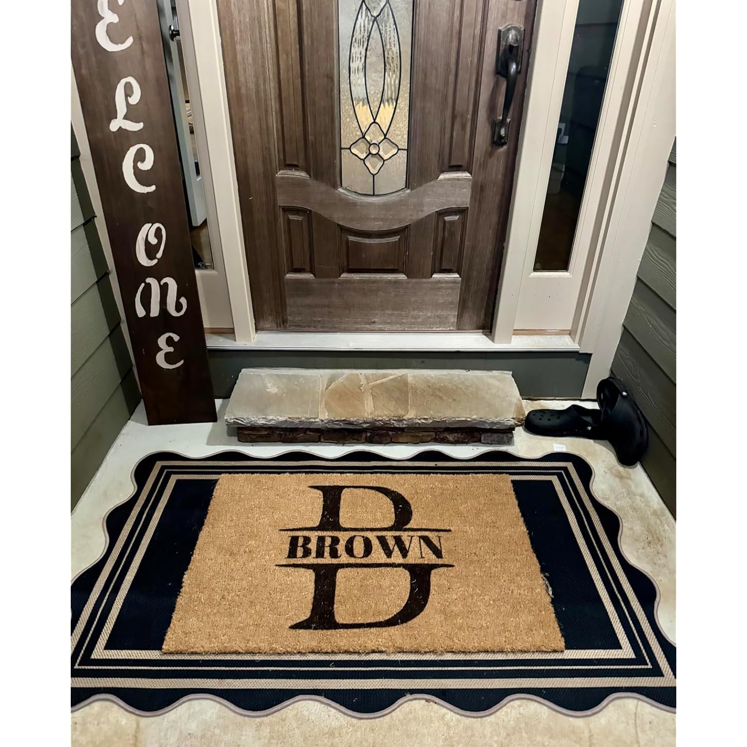 Scalloped Easy Jute 3x5 Outdoor Rug, Washable Rugs for Entryway Black Front Door Mat, Farmhouse Neutral Non Slip Indoor Carpet for Patio Living Room Backyard