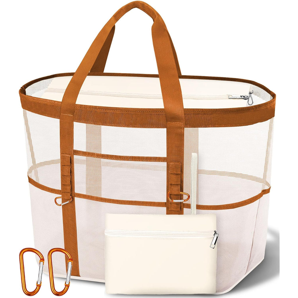 2026 Stylish & Spacious Xx-Large Beach Bag For Women – Mesh × Canvas Tote With Top Zipper, 11 Tall Pockets | 40L+ Spacious