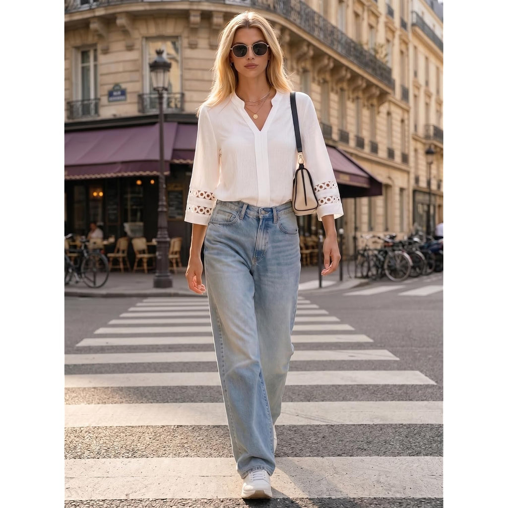 Funlingo 3/4 Length Sleeve Womens Tops V Neck Dressy Casual Blouses Lace Tunic Pleated Shirts Business Casual Outfits 2026