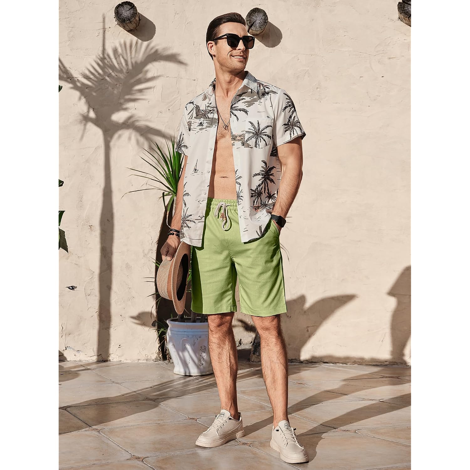 Comdecevis Men'S Linen Shorts Casual Elastic Waist Drawstring Summer Beach Vacation Yoga Golf Shorts With Pockets
