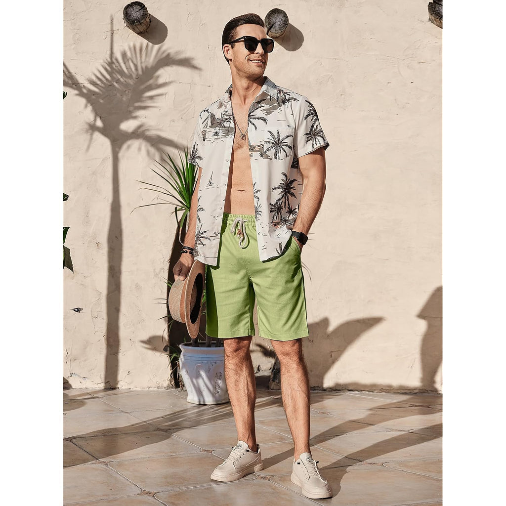 Comdecevis Men'S Linen Shorts Casual Elastic Waist Drawstring Summer Beach Vacation Yoga Golf Shorts With Pockets