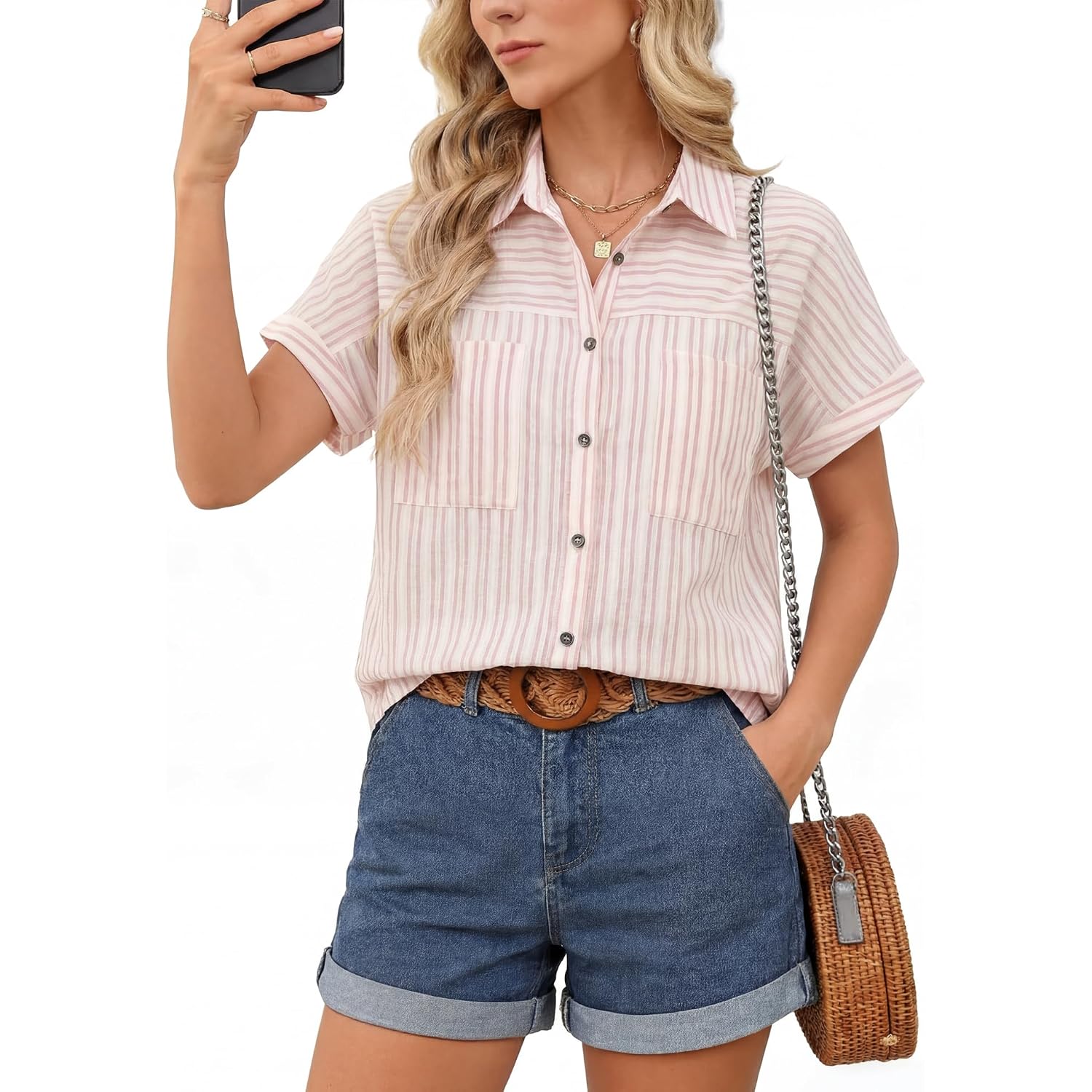 Button Down Shirt For Women Short Sleeve Blouses Dressy Casual Business Work Summer Vacation Tops Hawaii Shirts With Pockets