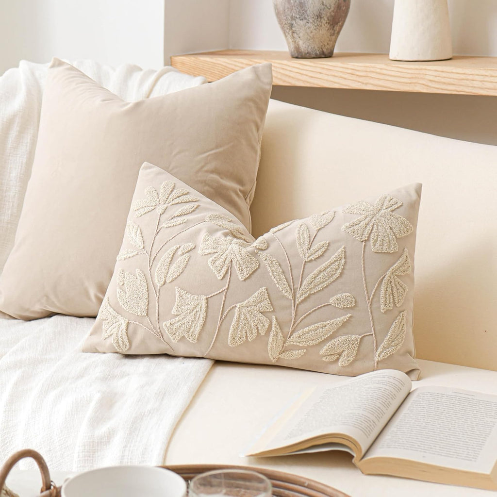 Decorative Lumbar Pillow Cover 12X20, Beige Neutral Accent Velvet Throw Pillowcase For Couch Sofa Living Room, Floral Tufted Rectangular Cushion, Cover Only