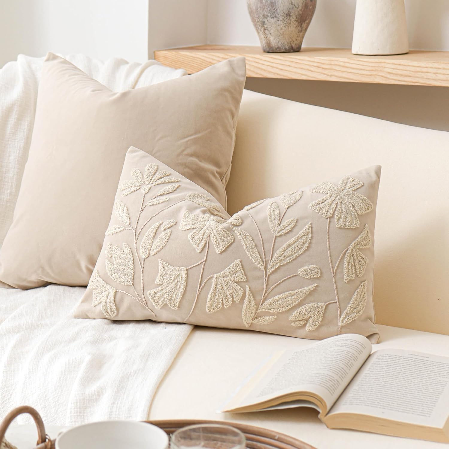 Decorative Lumbar Pillow Cover 12X20, Beige Neutral Accent Velvet Throw Pillowcase For Couch Sofa Living Room, Floral Tufted Rectangular Cushion, Cover Only