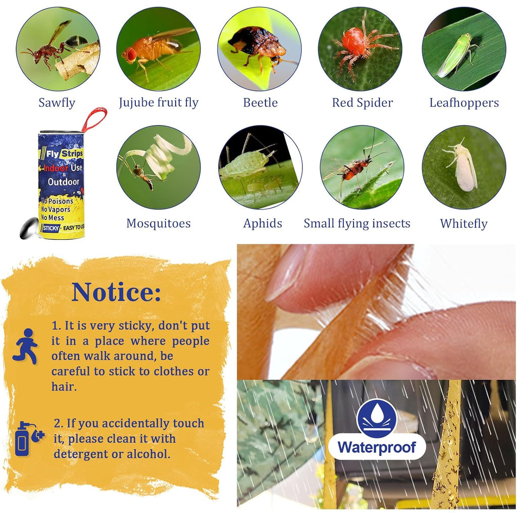 40 Pack Fly Traps Strips Indoor Outdoor, Flies Paper Sticky Hanging With Pins, Fruit Fly Tape Ribbon Roll For Home, Bug & Gnat Catchers For Inside, House Fly Killer For Winged Insect, Mosquito