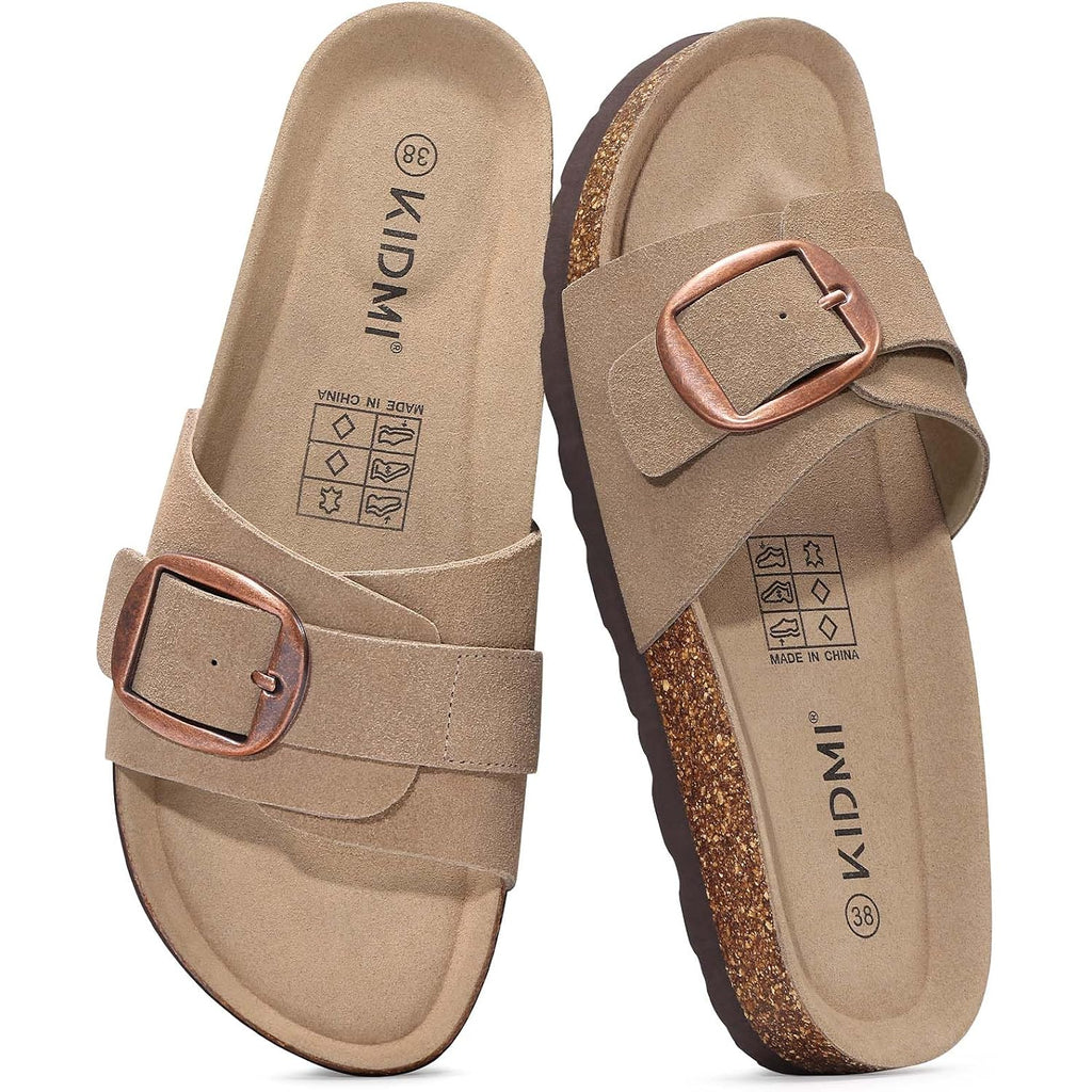 Kidmi Genuine Suede Cork Footbed Sandals For Women Comfortable Summer Slides With Buckle
