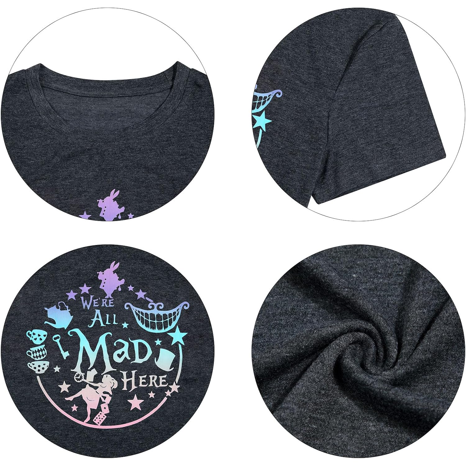 ASTANFY We're All Mad Here Shirt Women Magical Graphic Tees Cute Vacation Tops Casual Short Sleeve Shirts A-black Grey