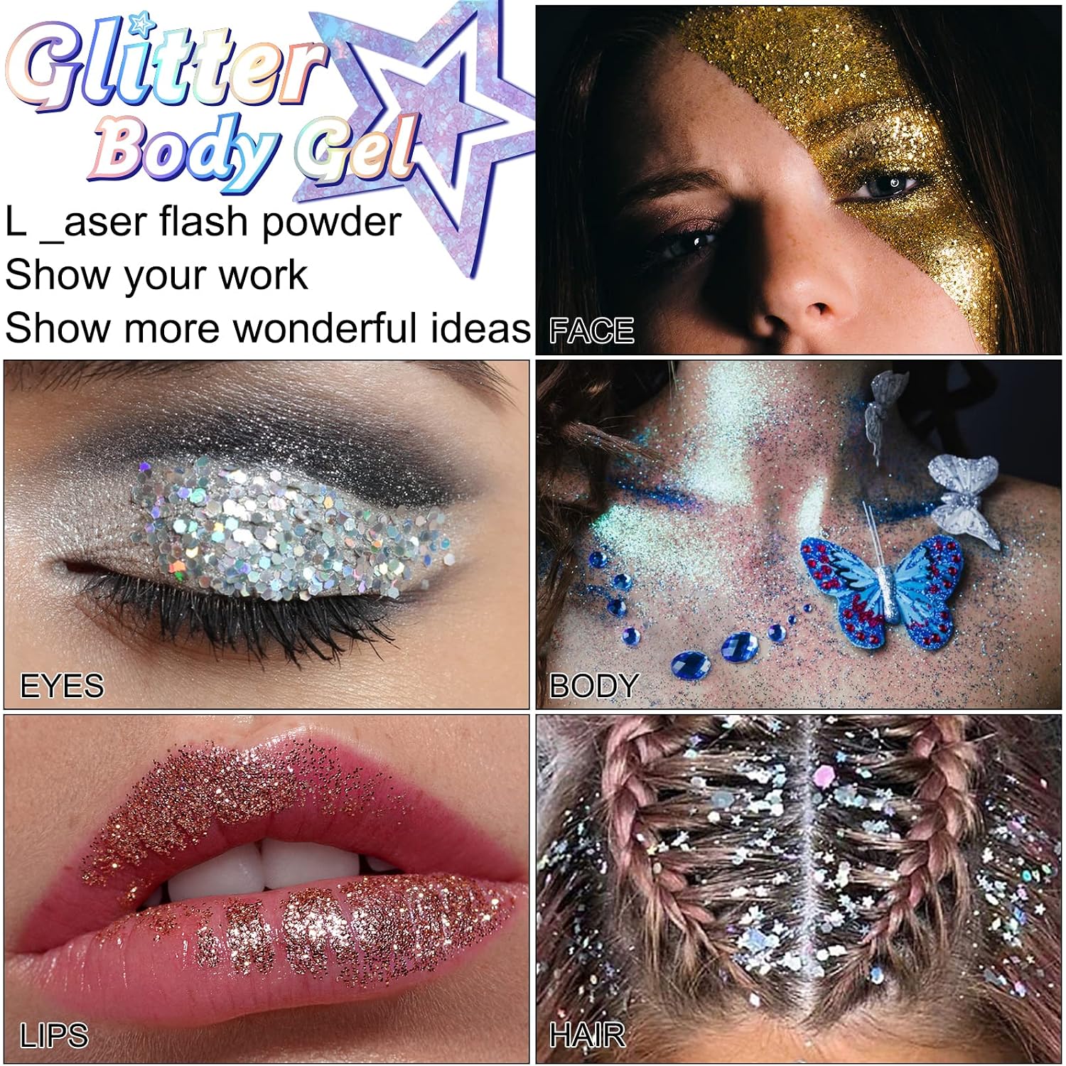 Body Glitter Gel, 6 Colors Body Face Glitter Gel Set For Skin & Hair, Shimmer Liquid Eyeshadow Festival Glitter Makeup, Sparkles Rave Accessories For Holiday, Concerts, Party, Mermaid Series Set