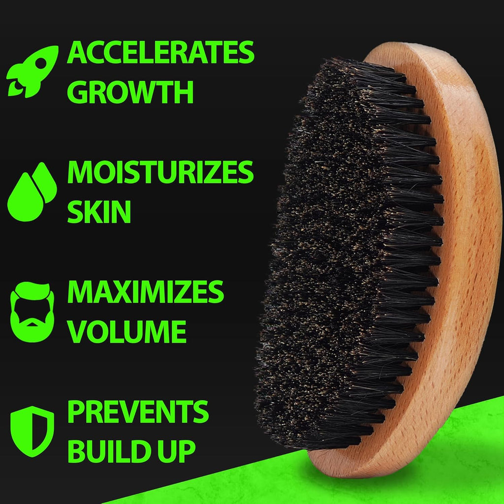 GROW Beard Brush & 360 Wave Brush for Men - Natural Boar Bristle For Fuller, Thicker Hair, Beard & Mustache - Premium Full-Size to Exfoliate, Strengthen Hair, Stimulate & Boost Growth