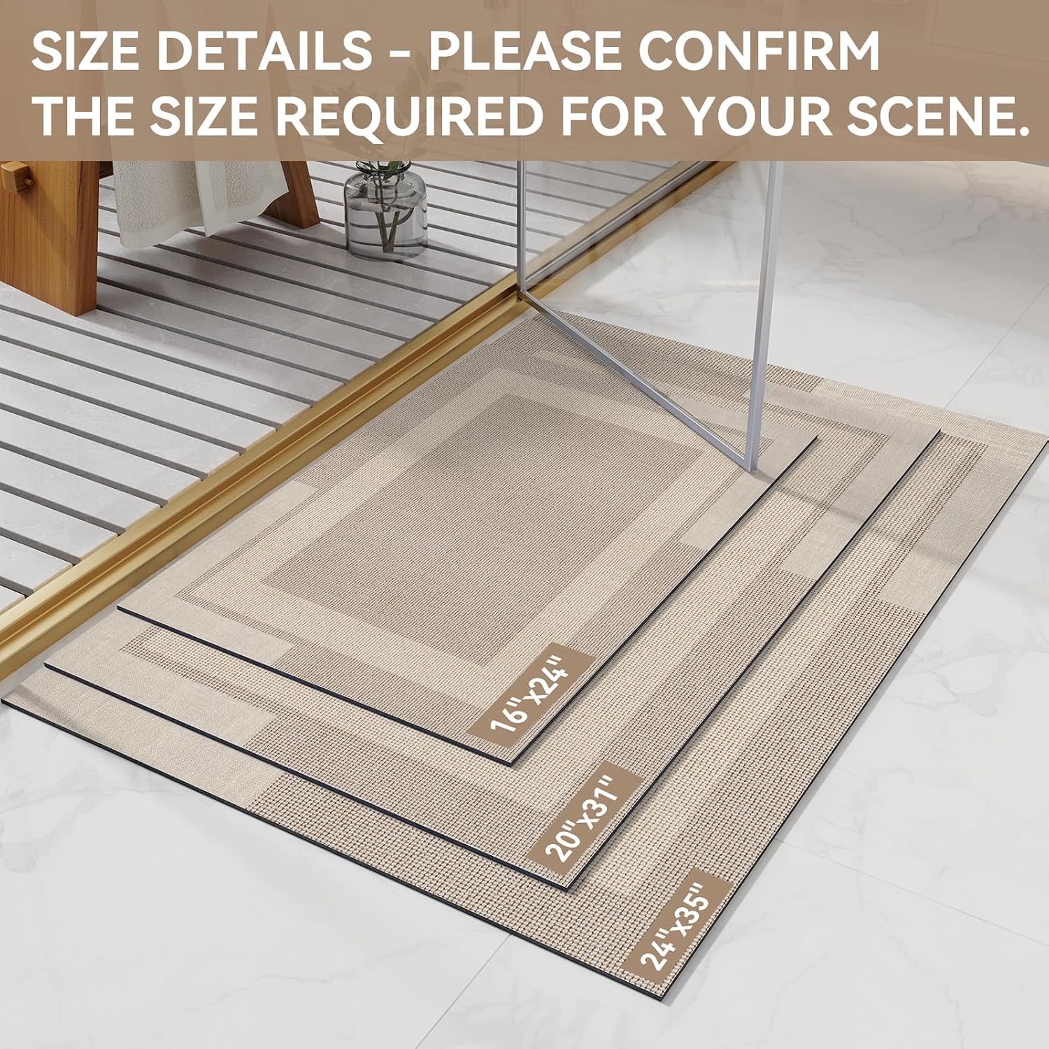 Non Slip Bath Mat, Rubber Backing Ultra Thin Bathroom Rugs Fit Under Door Quick Dry Super Absorbent Washable Bath Rug Shower Mat For Bathroom Floor Bathtub Shower Sink, Easy Care Beige 16"X 24"