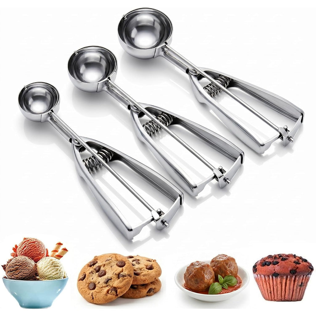 Ice Cream Scoop, 3Pcs Cookie Scoop Set, Stainless Steel Ice Cream Scooper With Trigger Release, Large/Medium/Small Cookie Scooper For Baking, Cookie Scoops For Baking Set Of 3 With Cookie Dough Scoop…