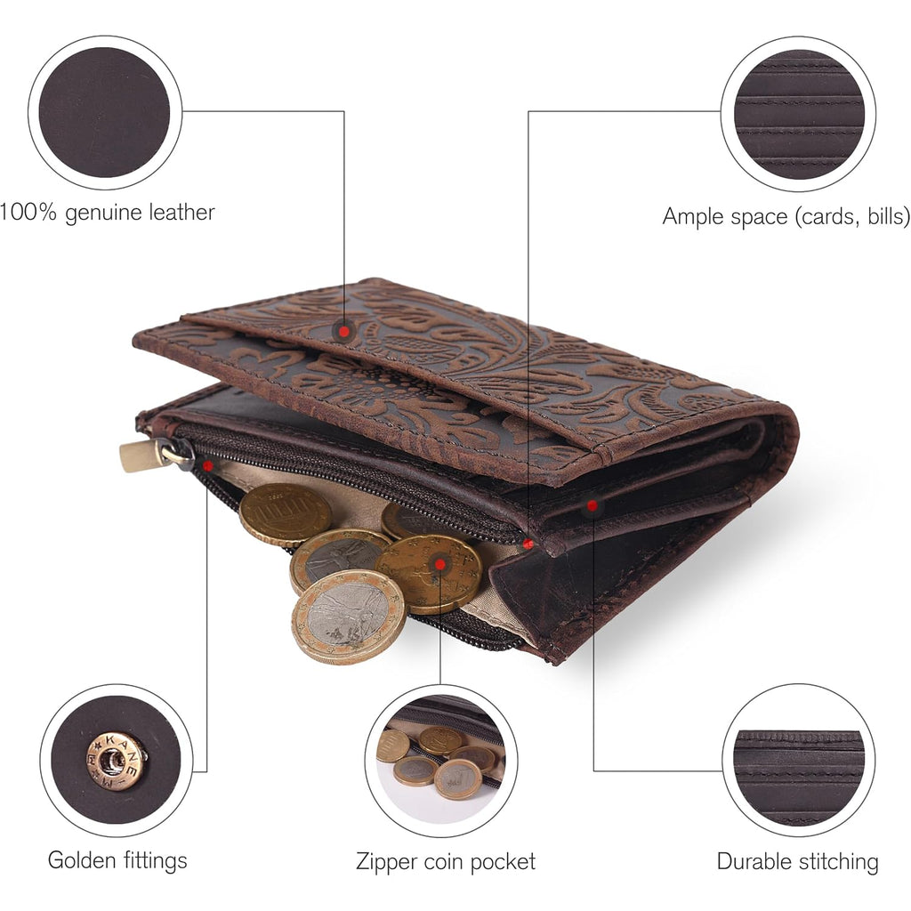 Oak Leathers Leather Wallet For Women - Small Rfid Coin Purse Credit Card & Id Holder For Ladies, Gift For Women'S, Bifold Wallets (Crazy Horse Brown Flower)