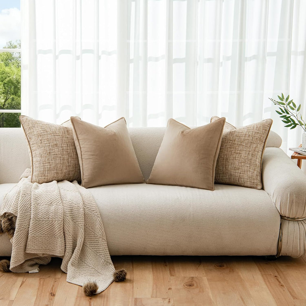 Khaki 4 Pack Throw Pillow Covers - Chenille & Velvet Set With Piping, Farmhouse Textured Design Cushion Cases For Couch Sofa Bed (18X18 Inch, No Insert)
