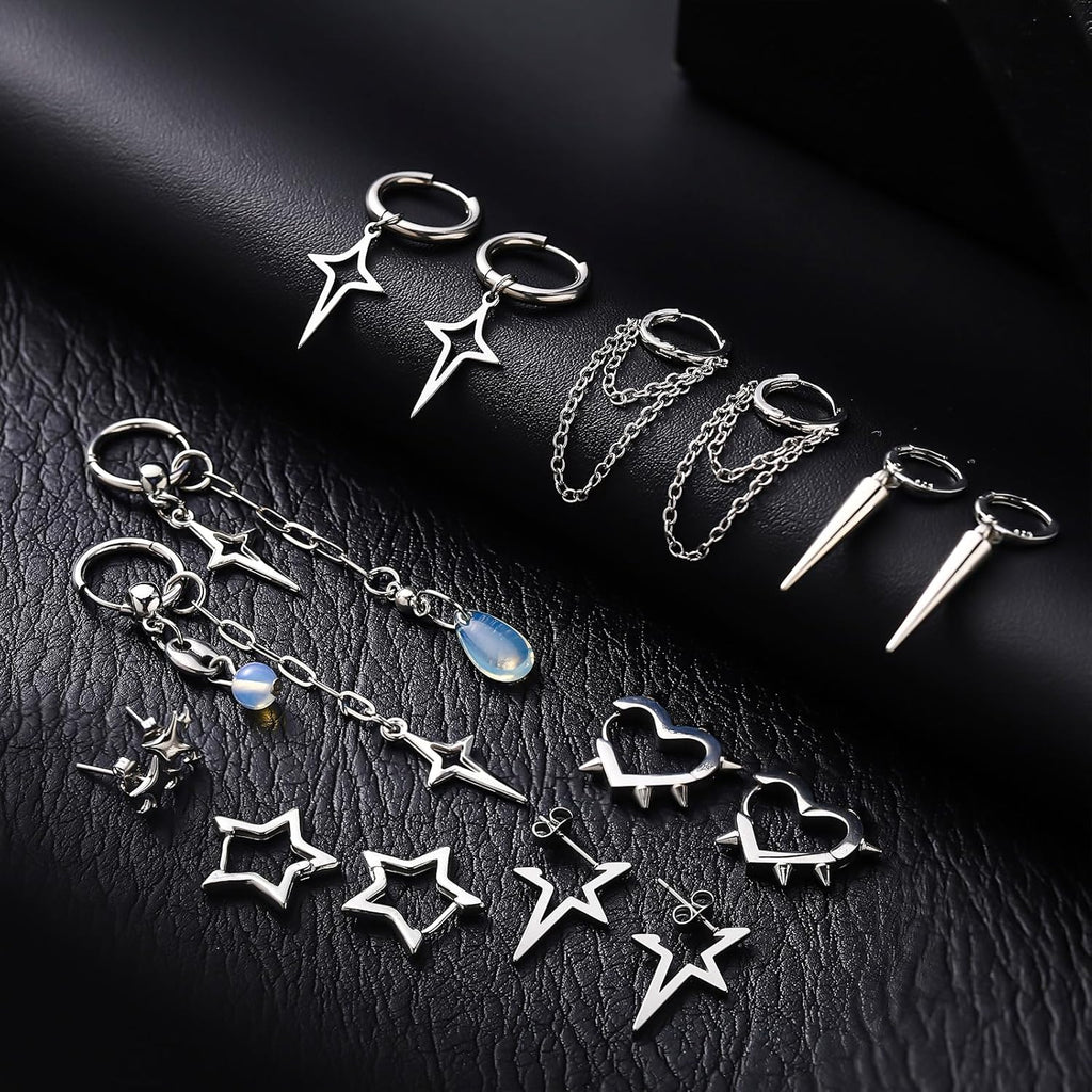Quelay 8 Pairs Dangle Hoop Earrings for Men Women Punk Y2k Goth Gothic Tassel Chain Drop Star Moon Stud Huggie Earrings Gift