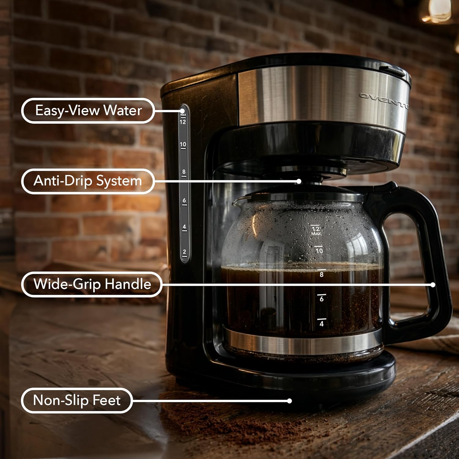 OVENTE 12-Cup Drip Coffee Maker with Borosilicate Glass Carafe, One-Touch Operation Machine, Anti-Drip System, Reusable Filter and Clear View Water Level Gauge, Ideal for Home or Office, Black CM412B