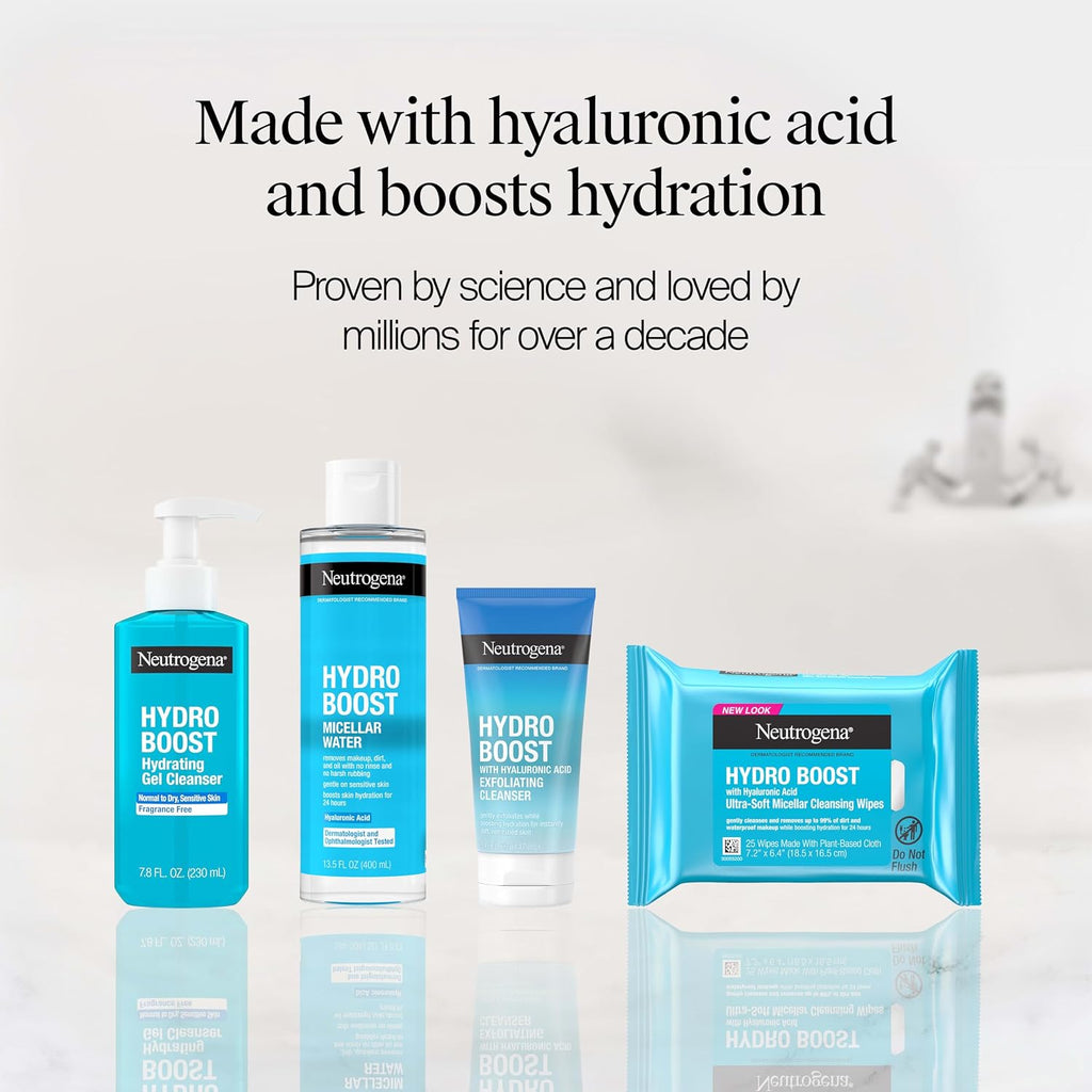 Neutrogena Hydro Boost Cleansing Wipes Makeup Remover For Face Micellar Gently Removes Oil, Dirt, And Waterproof Makeup Daily With Hydrating Hyaluronic Acid, 25 Ct