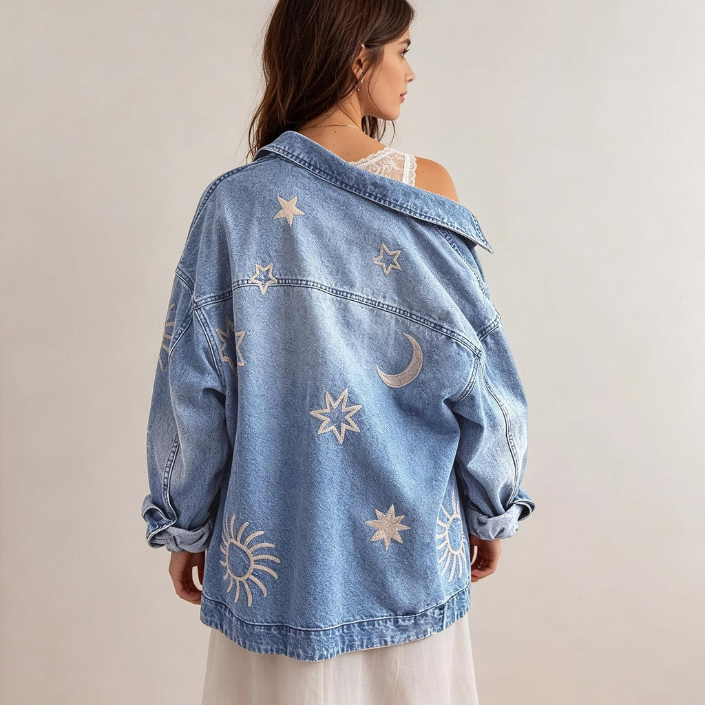 Women'S Vintage Oversized Denim Jacket Embroidered Graphic Casual Loose Fit Button Down Jean Jacket