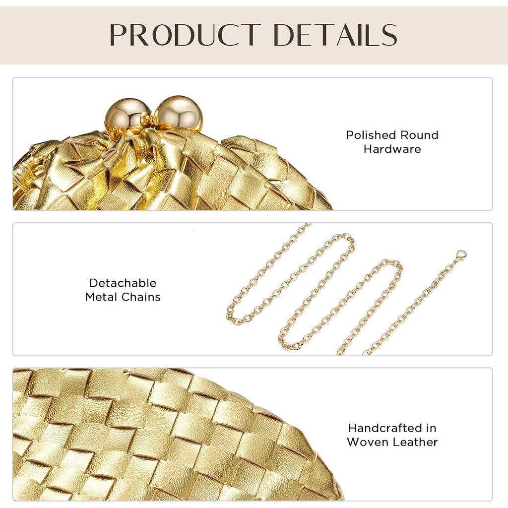 Gold Clutch Purses For Women, Woven Evening Handbags, Formal Dumpling Bag