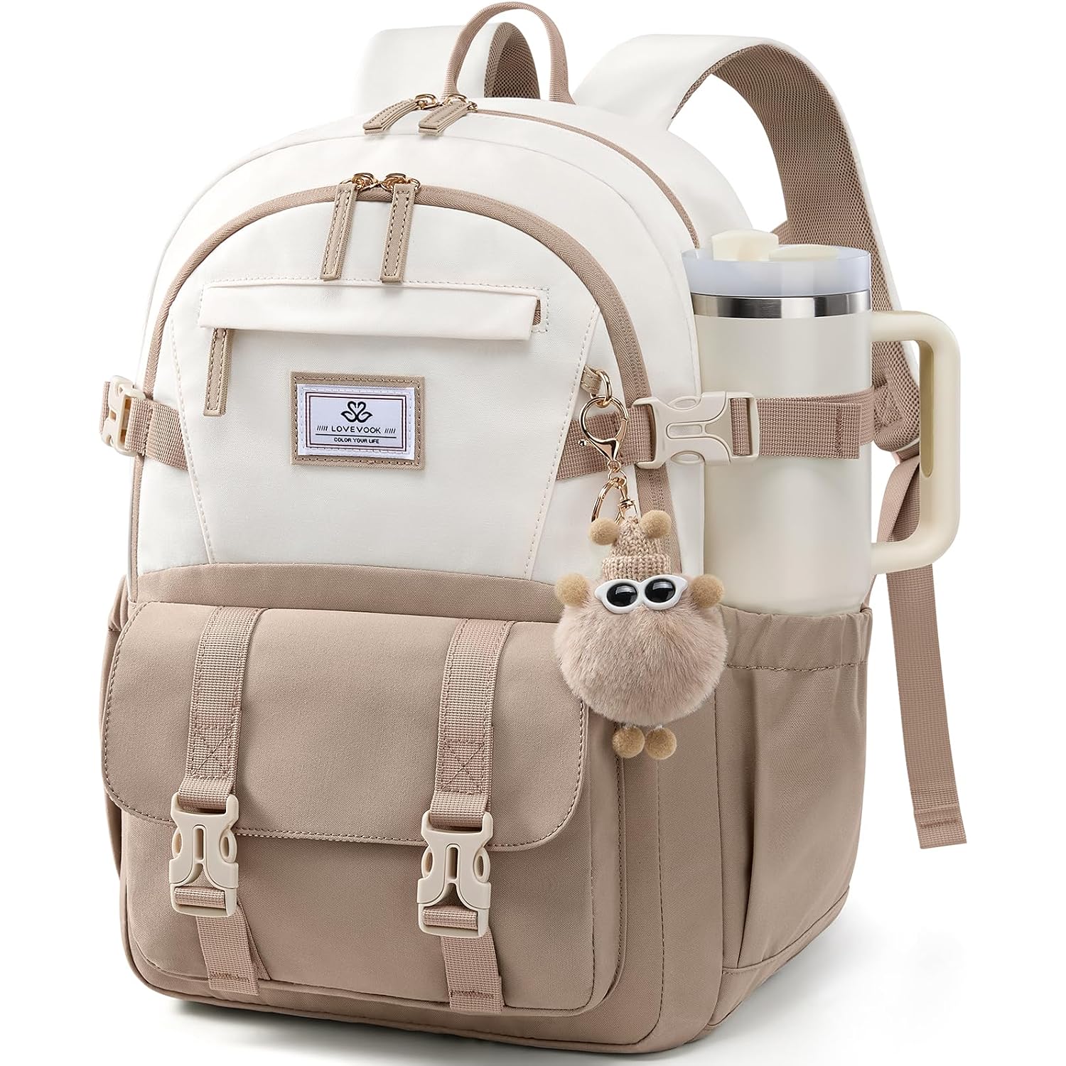 Lovevook School Backpack For Teen Girls, Bookbag For 8-16 Student, Middle High College Back To School Cute Kids Backpack, 15.6 Inch, Khaki-Beige