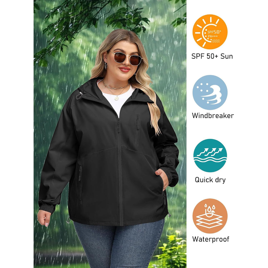 Plus Size Womens Rain Jacket With Hood Waterproof Raincoats Lightweight Packable Outdoor Trench Coat Xl-5Xl