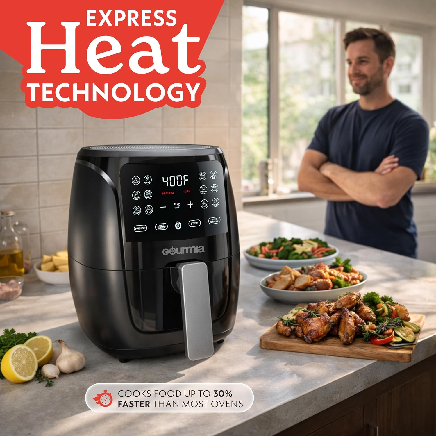 Gourmia Air Fryer - 4 Qt Capacity, Fryforce360º, Digital Display With 8 Presets, Roast, Bake, Broil, Dehydrate, Dishwasher Safe Accessories, Compact, Black