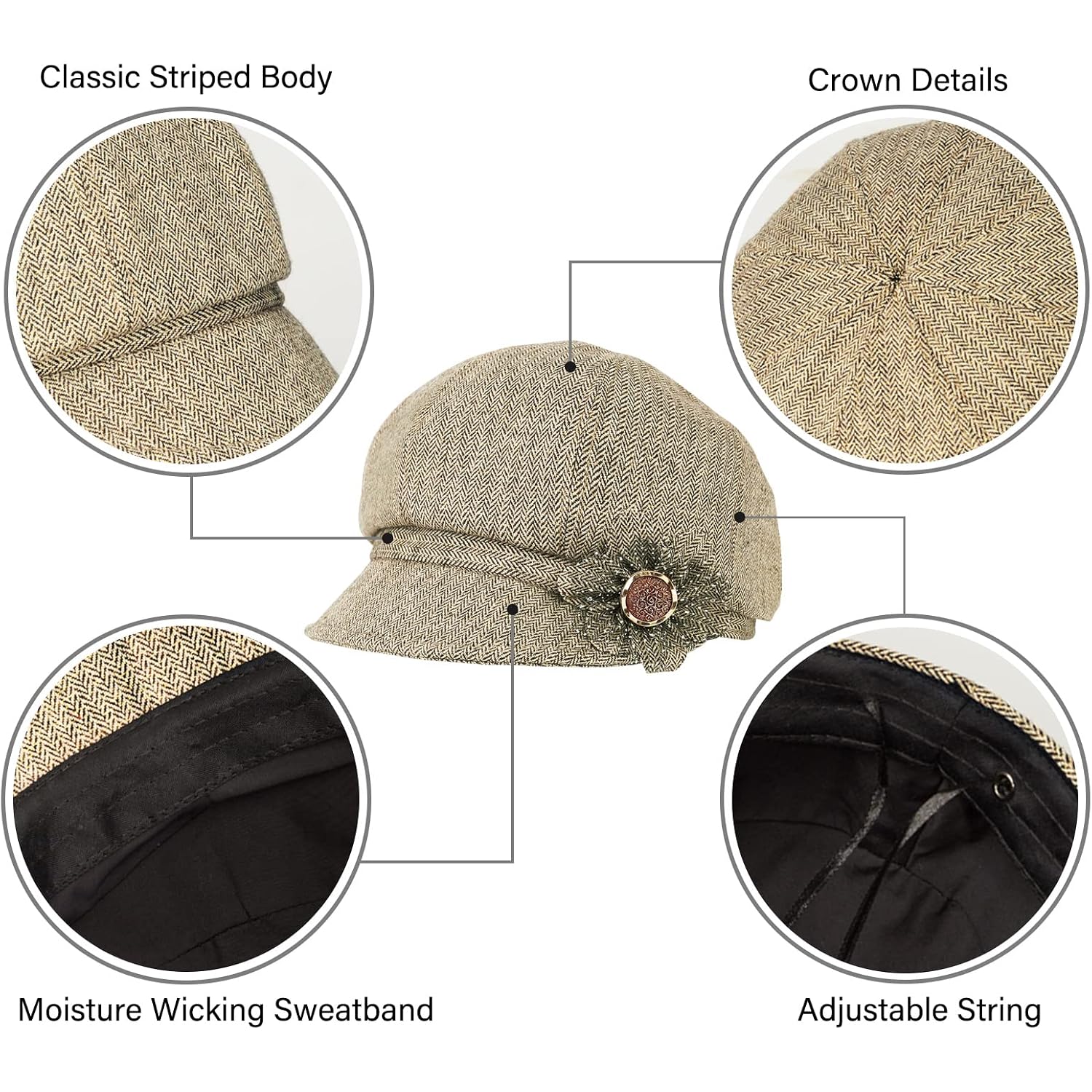 Women Retro Classic Visor Newsboy Cabbie Cap Beret Hats with Flower Buckle for Woman Ladies 1khaki
