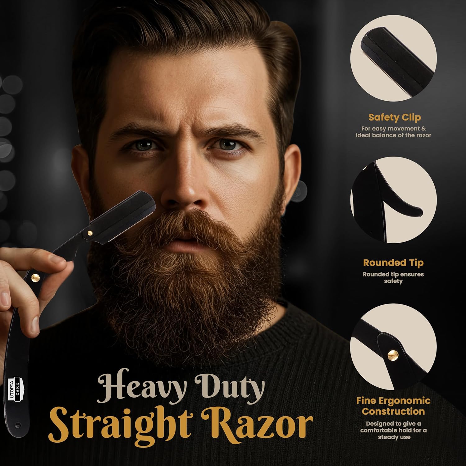 Utopia Care Professional Straight Razor for Men, Barber Straight Edge Razor Safety with 100 Pack Blades, Black