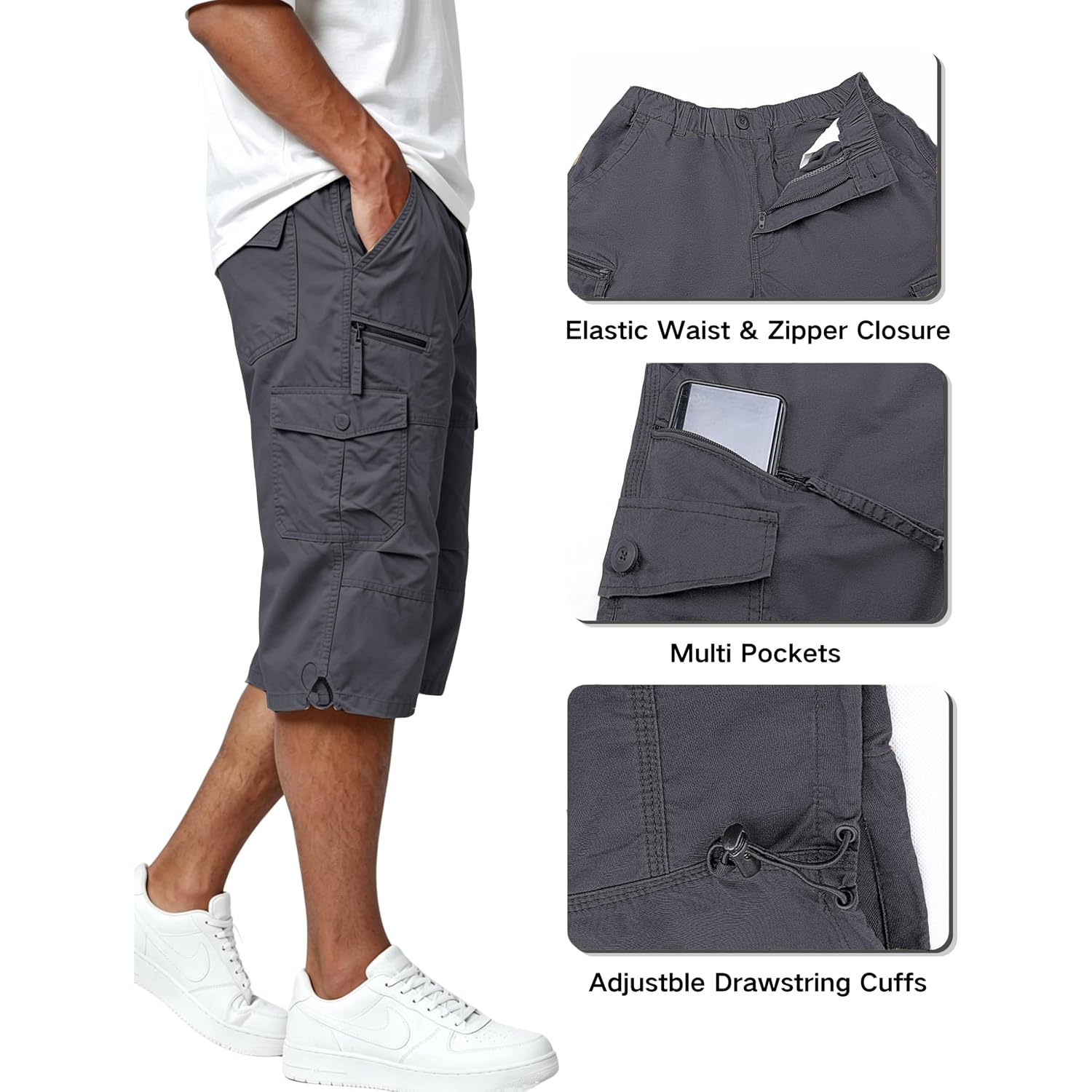 Eklentson Men'S Cargo Shorts Casual Twill Elastic 3/4 Capri Pants Below Knee Long Shorts With 7 Pockets