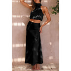 Prettygarden Women'S 2 Piece Satin Outfits Summer Sleeveless Mock Neck Crop Tops And Long Skirt Dress Sets