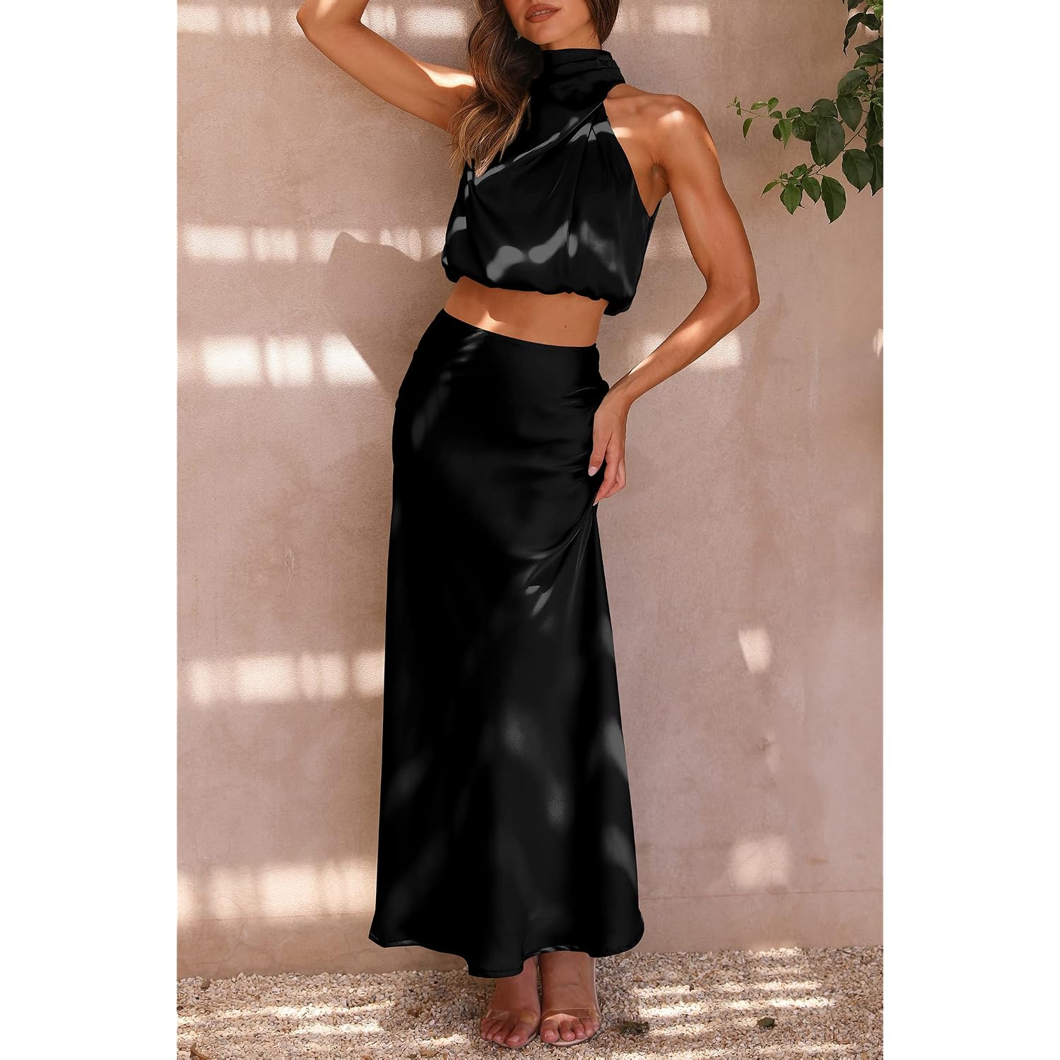 Prettygarden Women'S 2 Piece Satin Outfits Summer Sleeveless Mock Neck Crop Tops And Long Skirt Dress Sets