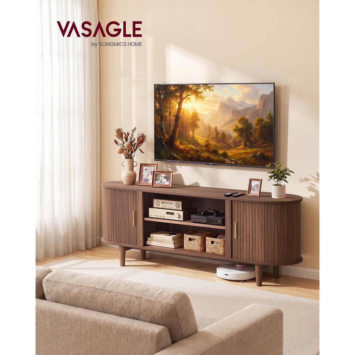 Vasagle Tv Stand For 65-Inch Tvs, Mid Century Entertainment Center With Storage, Fluted Sliding Doors, Media Console Table For Living Room, Bedroom, Chestnut Walnut Ultv633K101