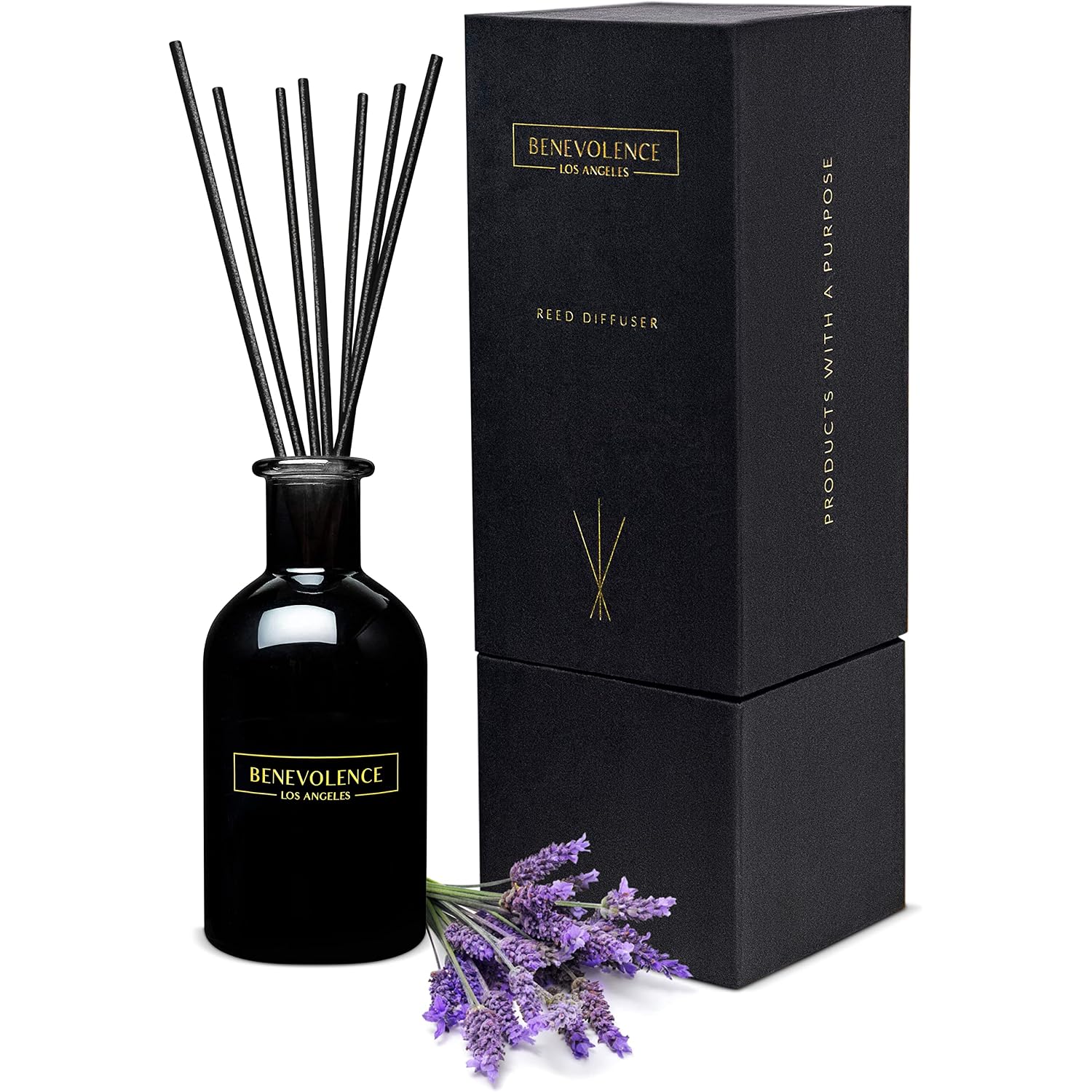 Benevolence La Premium Lavender & Eucalyptus Reed Diffuser Set – Essential Oil Diffuser For Home & Bathroom – Up To 120-Day Fragrance With Rattan Sticks & Gift Box – Charcoal Glass Room Décor